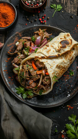 top view of tasty shawarma with meat and vegetables on dark plate, napkin, spices, dark rustic backdrop, hyper realistic, natural light, moody, dark mood, food blogger style, --ar 9:16 --style raw --v 6 Job ID: 3b221aad-7e0c-41d0-baf9-3b6769578612